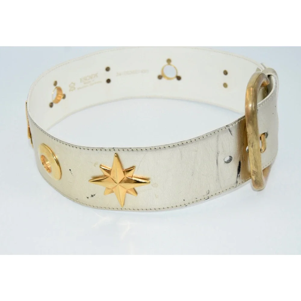 34Vintage Escada Champagne Metallic Gold Star Charm Leather Waist Belt 34